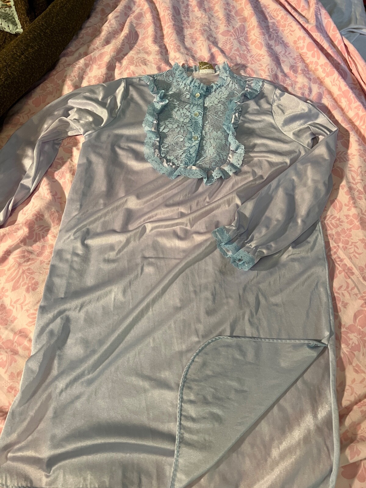 Vintage STARDUST pale blue Nightgown high Lace Collar Victorian Cottage coquette