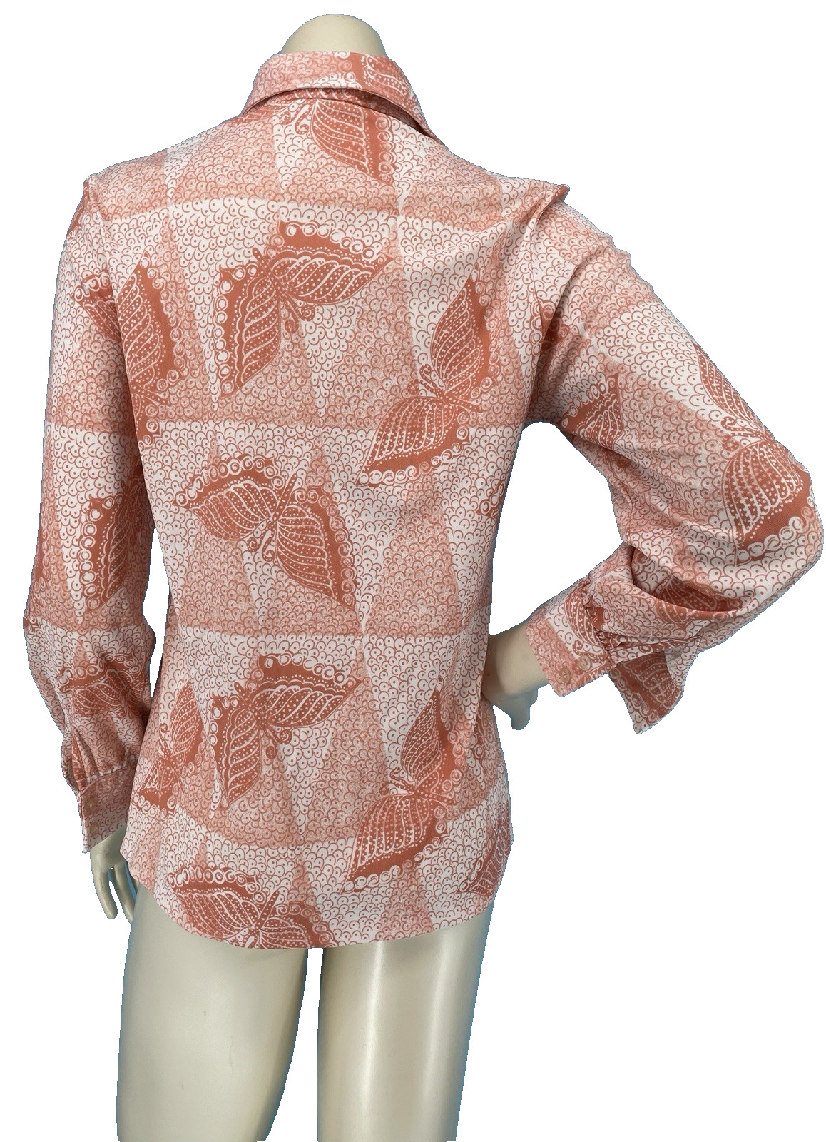 VTG Dagger Collar 1970s TRISSI Hippie Disco Butterfly Print Shirt Top Blouse sm