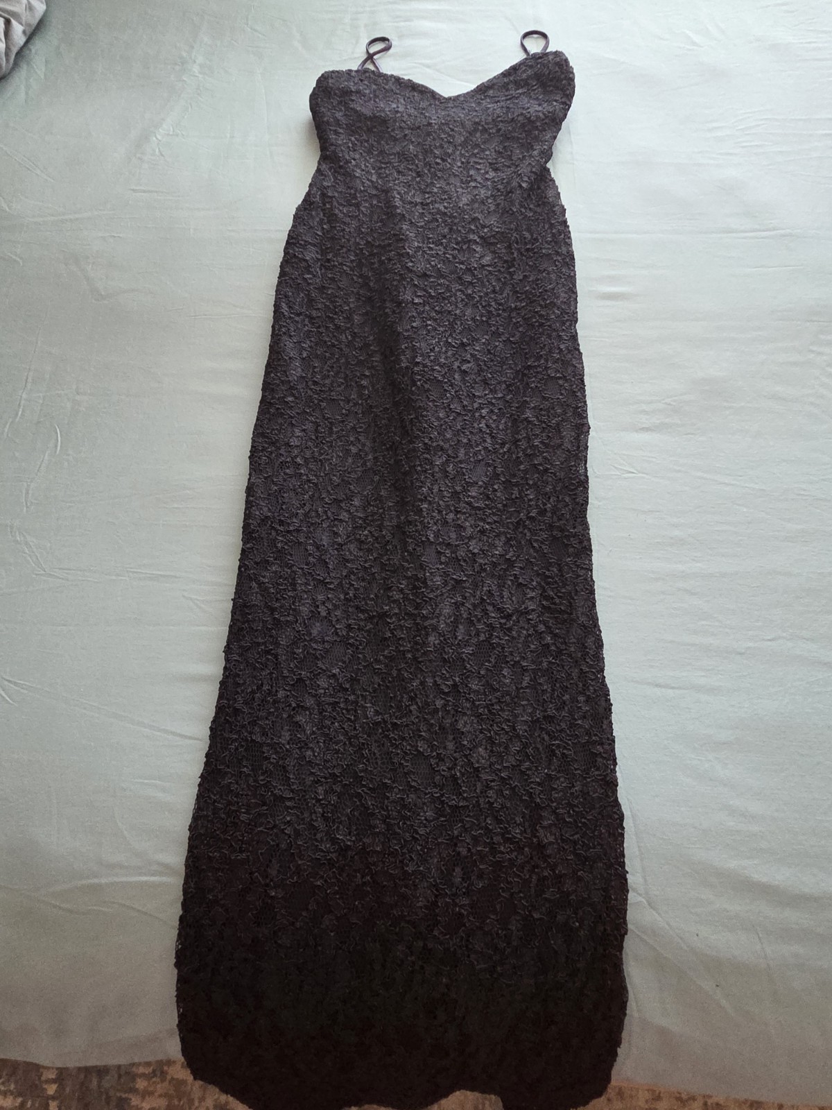 Vintage L.A. Glo Black Lace Maxi Dress Slip Spaghetti Strap Side Slit USA XS/S