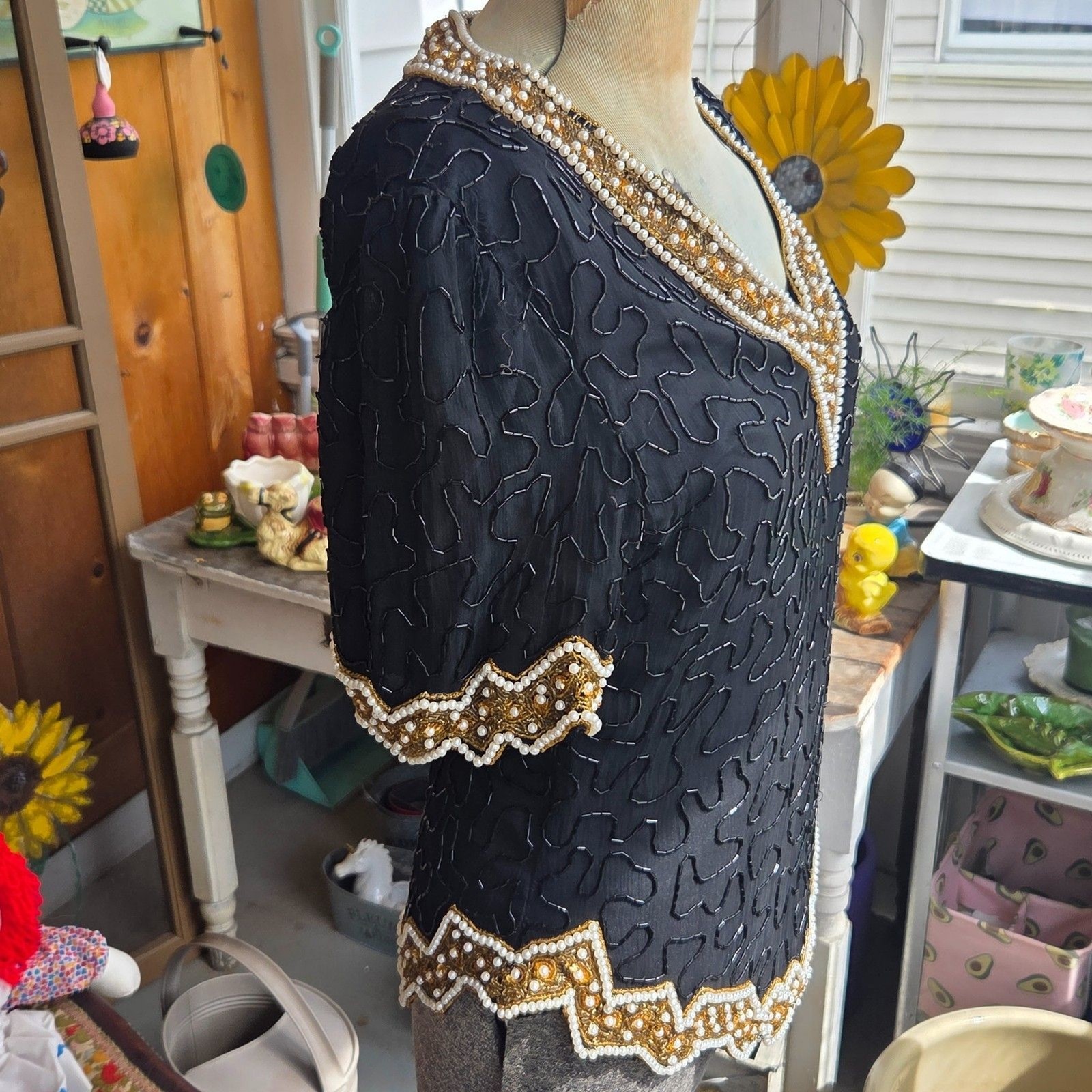 NWT Vintage 80s Laurence Kazar Vintage Top, Beaded With Pearls Silk Size Medium