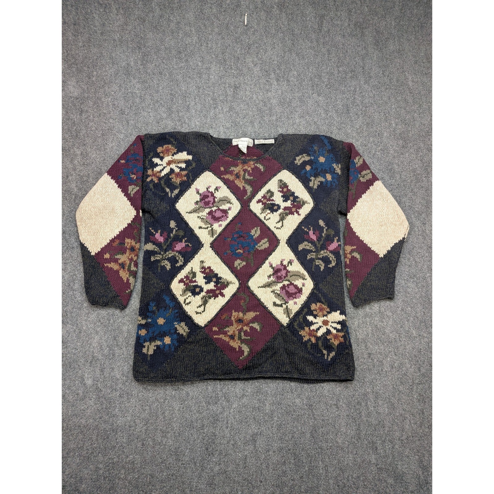 Vintage Paris Sport Club Sweater M Hand Knitted Floral Diamond Chunky Cottage