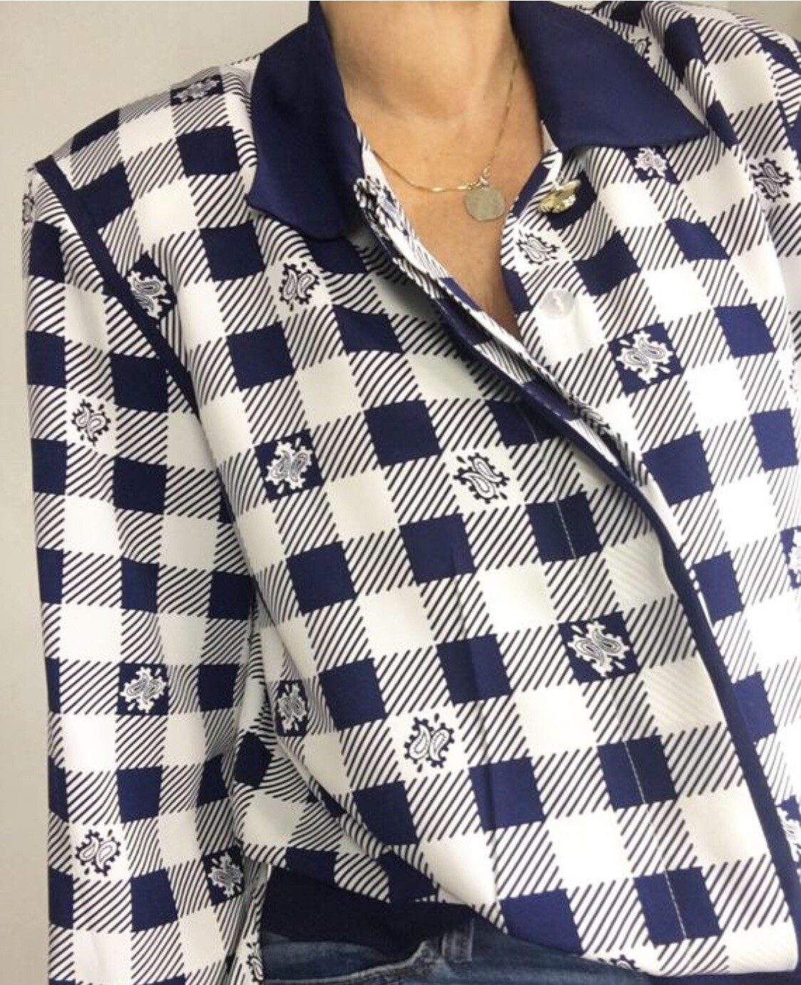 Vintage Blue White Checked Plaid Blouson Blouse Tartan Casual Or Business