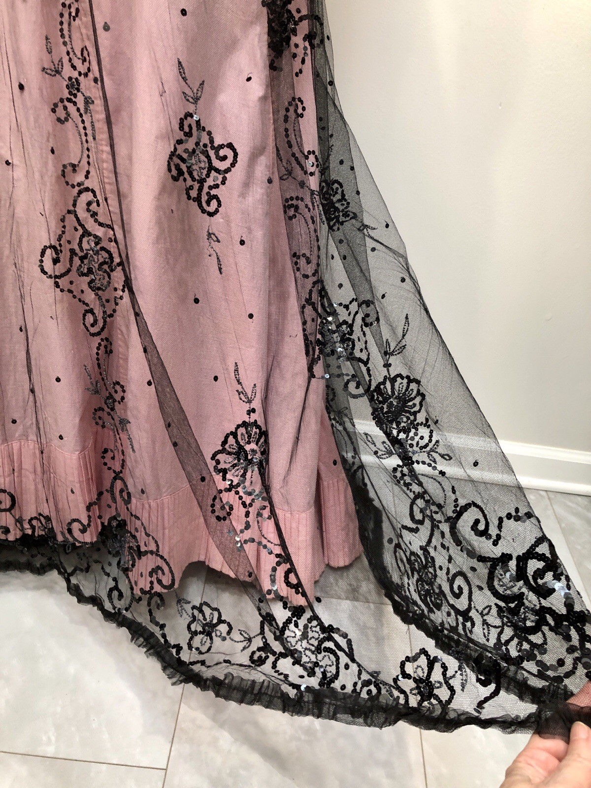 ANTIQUE VICTORIAN Early 1900s GIBSON GIRL PINK+Black JET SEQUIN BEADED 3Pc GOWN