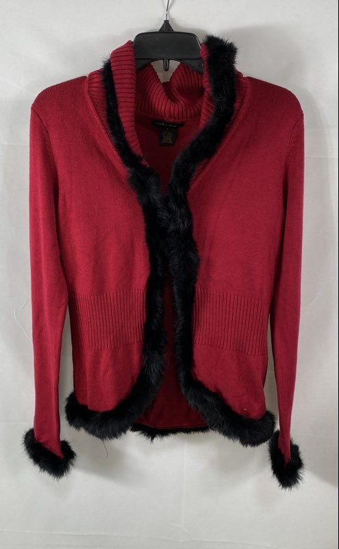 Vintage Y2K Grace Dane Lewis Women’s Red Silk Rabbit Fur Trim Cardigan Sz S