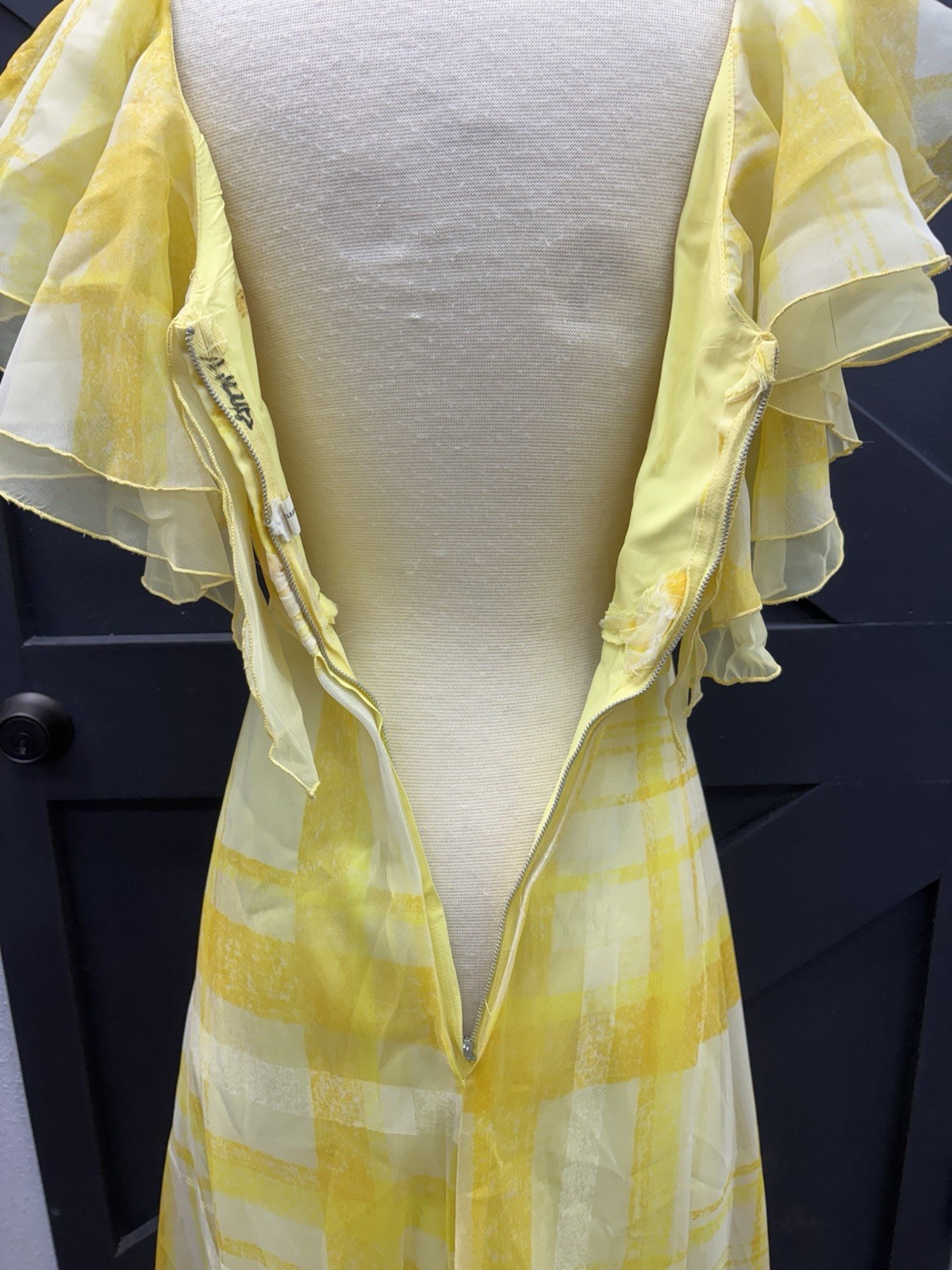 1970s Yellow Plaid Ruffled Floral Party Maxi Dress Gown Summer Spring ILGWU VTG