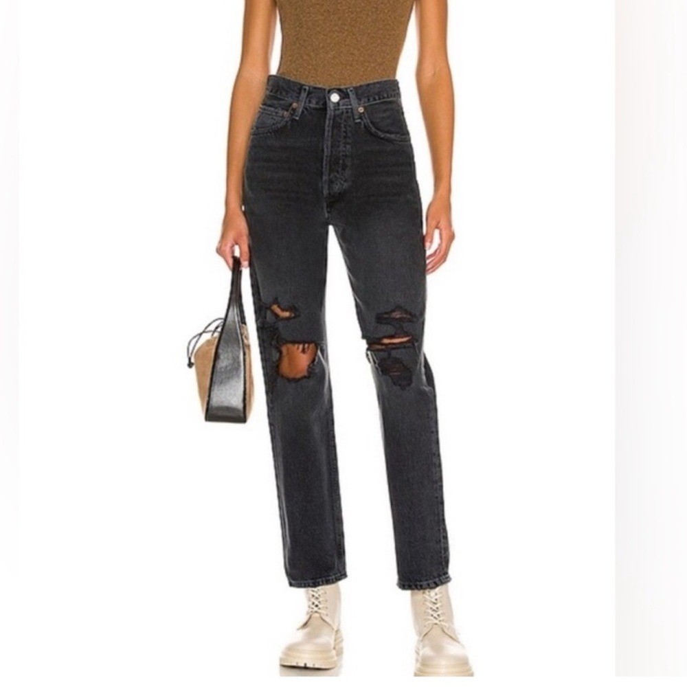 AGOLDE 90s Mid Rise Loose Fit in Vagabond Washed Black Sz 25 Distressed Boho
