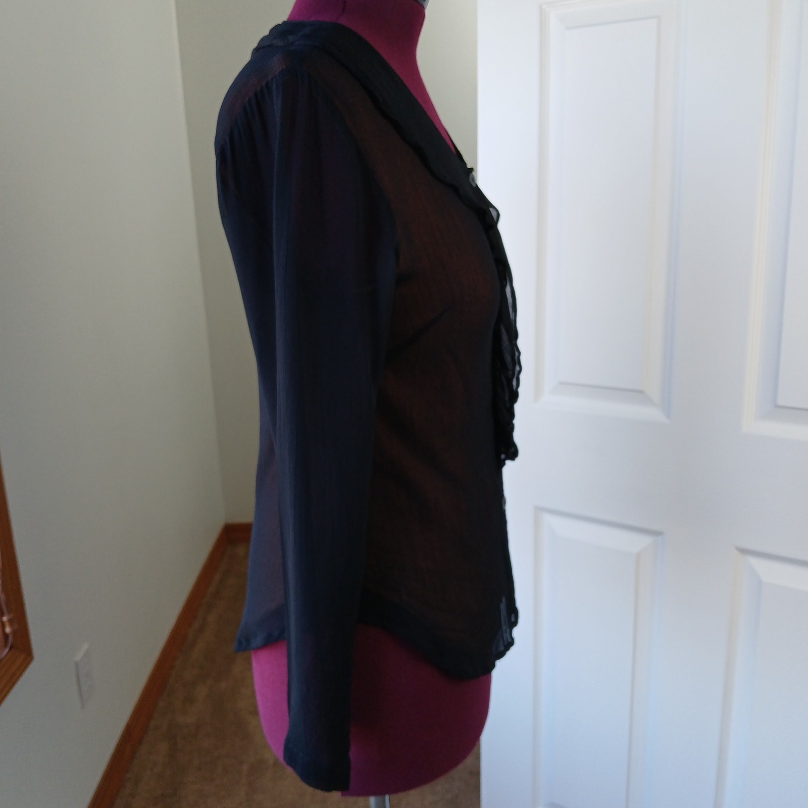 Vintage 90s Phool Ruffle Collar Blouse M sheer black button up orange lining