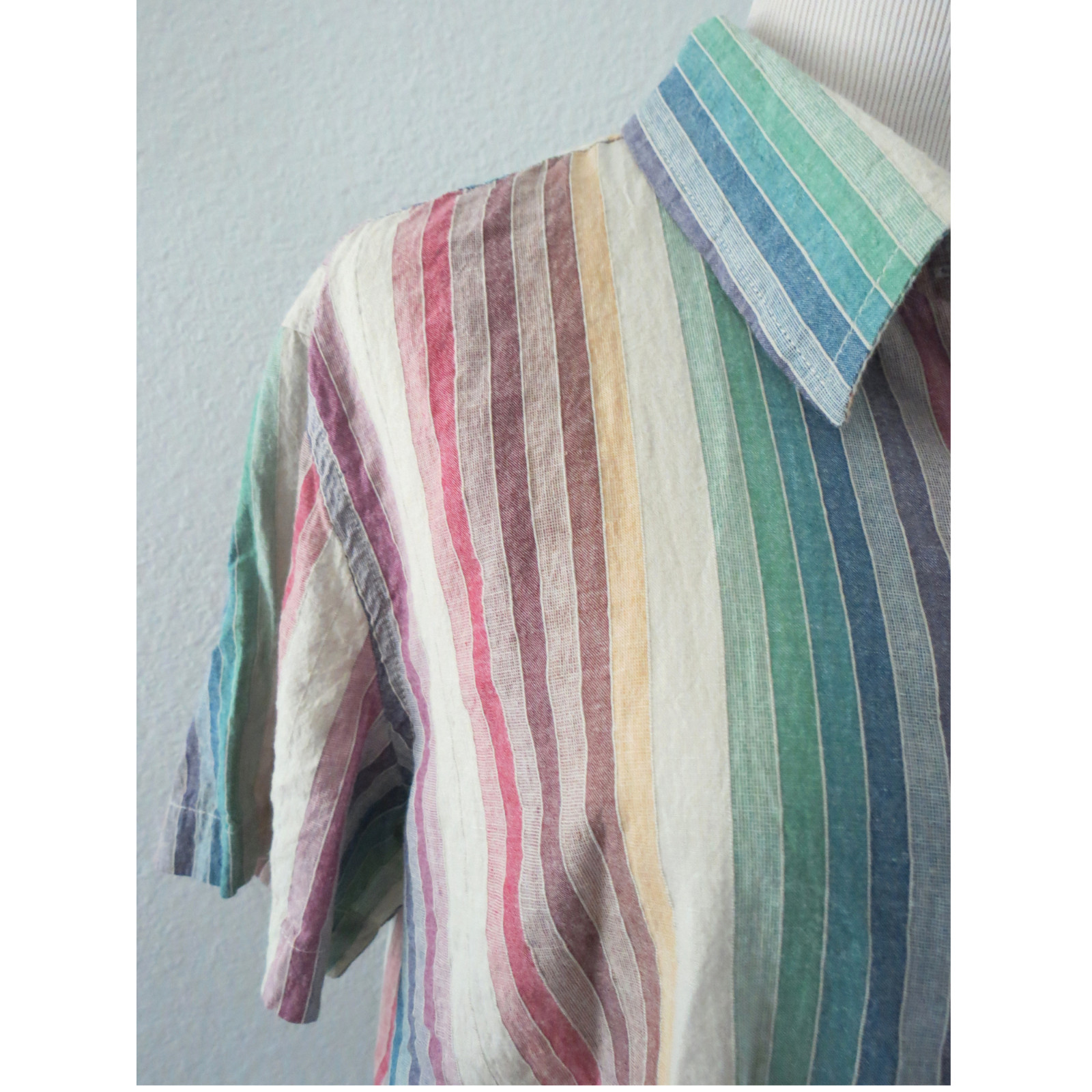 Vintage Rainbow Striped Blouse – Cotton Short Sleeve 90s Y2K Top – Large