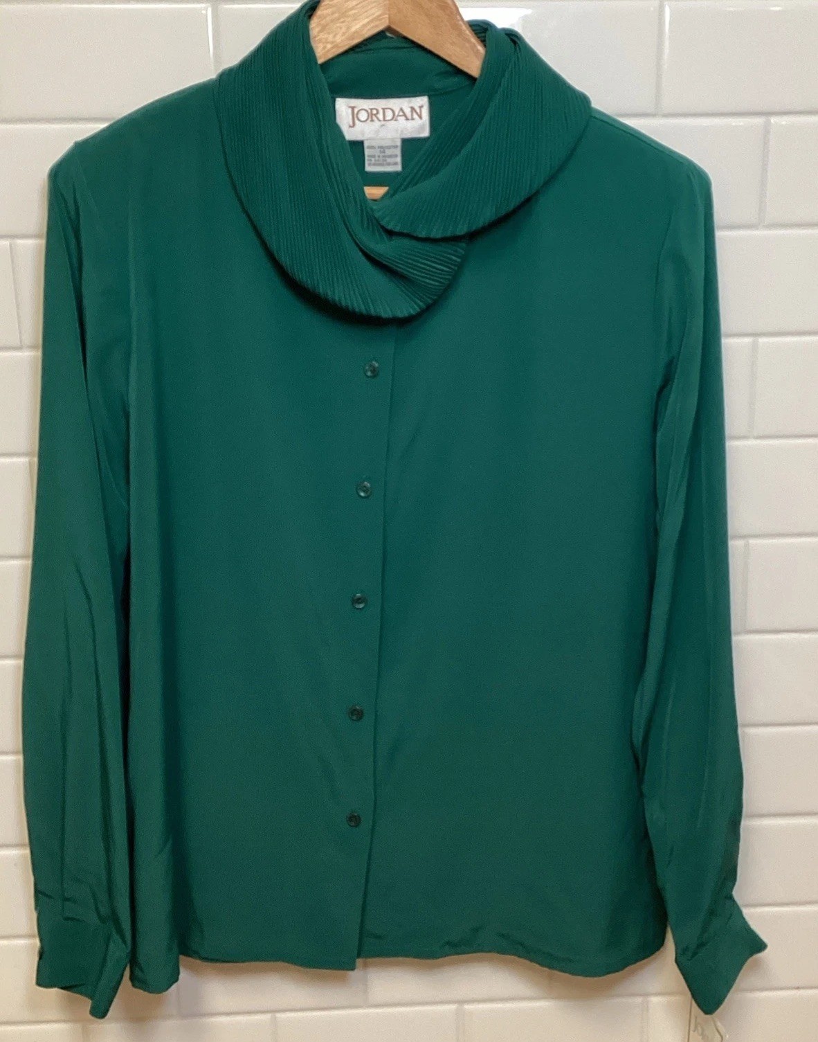 Womens Vintage Emerald Hunter Green Dress Blouse Sz 14 Elegant Pleated Cowl Neck