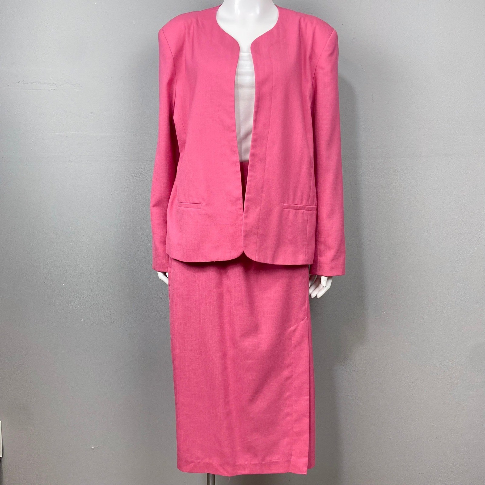 Boston Traveler Skirt Suit Womens L Pink Vintage Open Jacket Midi Skirt Set
