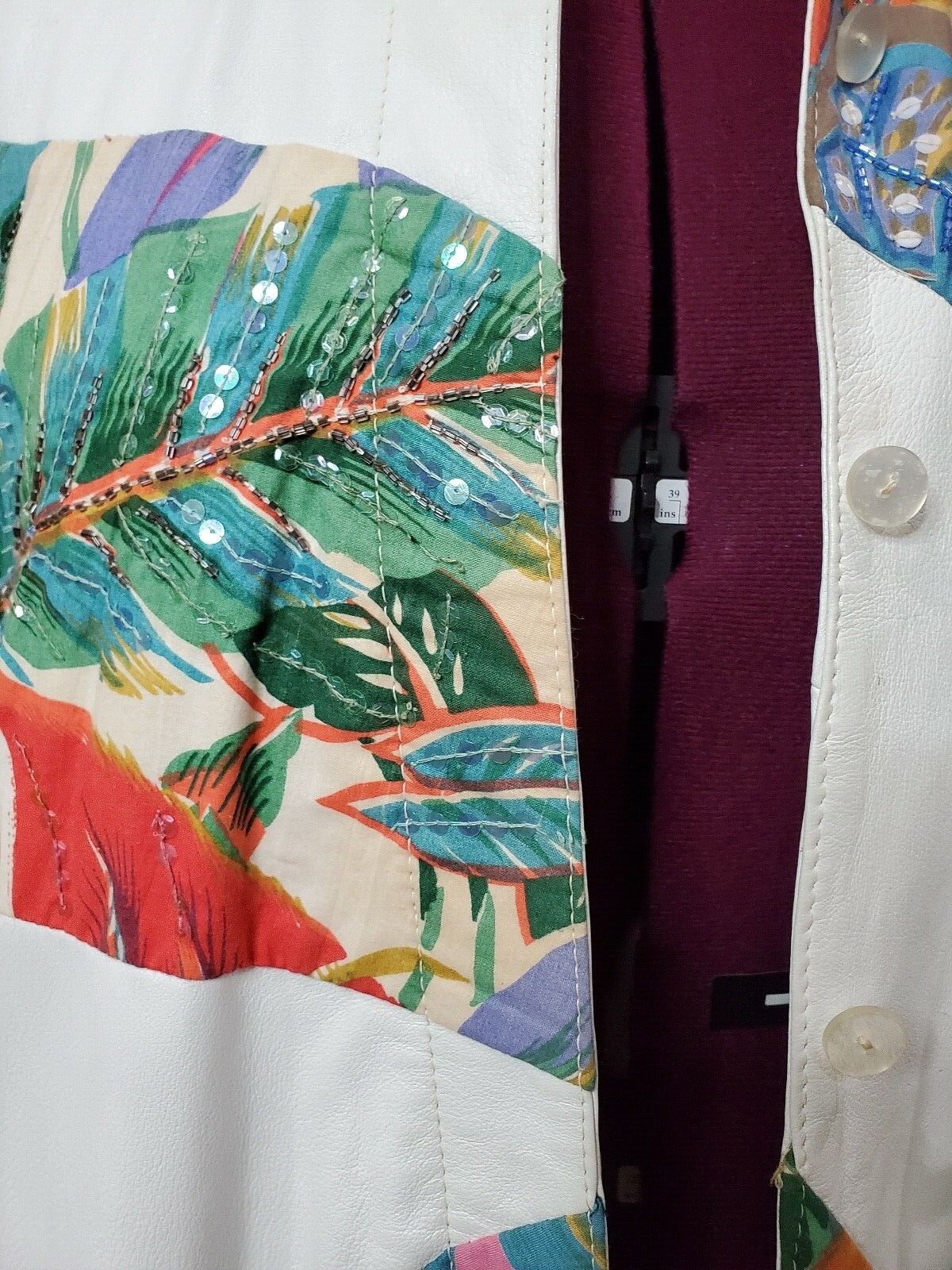 VTG Judith Ann Creation Sequin Beaded White Leather Jacket US L 10-2 Linen 90s