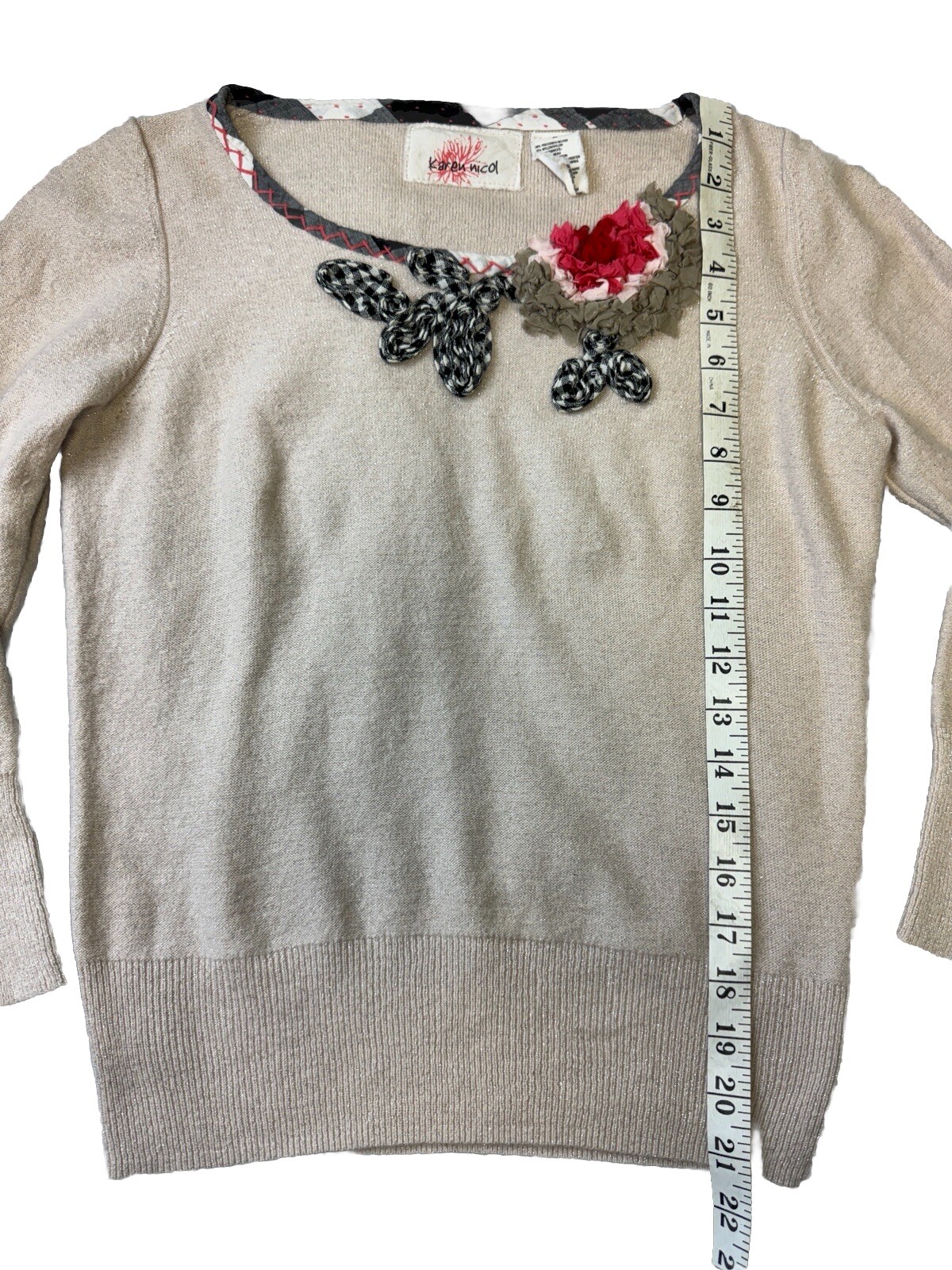 VNTG Anthropologie Karen Nicol Sweater Cashmere Blend, Beige Metallic SZ Medium