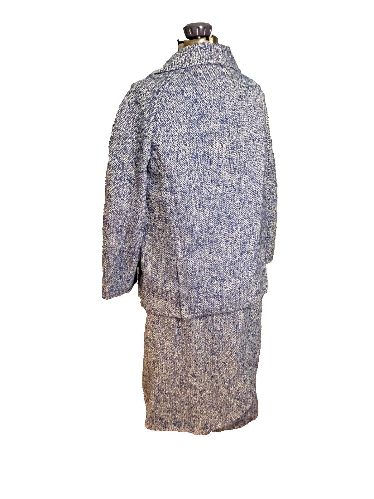 1950s Handmacher Bright Blue Herringbone Tweed Suit Pea Coat + Skirt L Academia