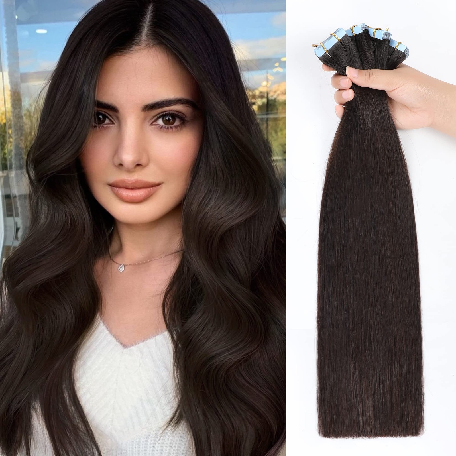 JESSBO Tape In Human Hair Extensions Straight Dark Brown 100% Real