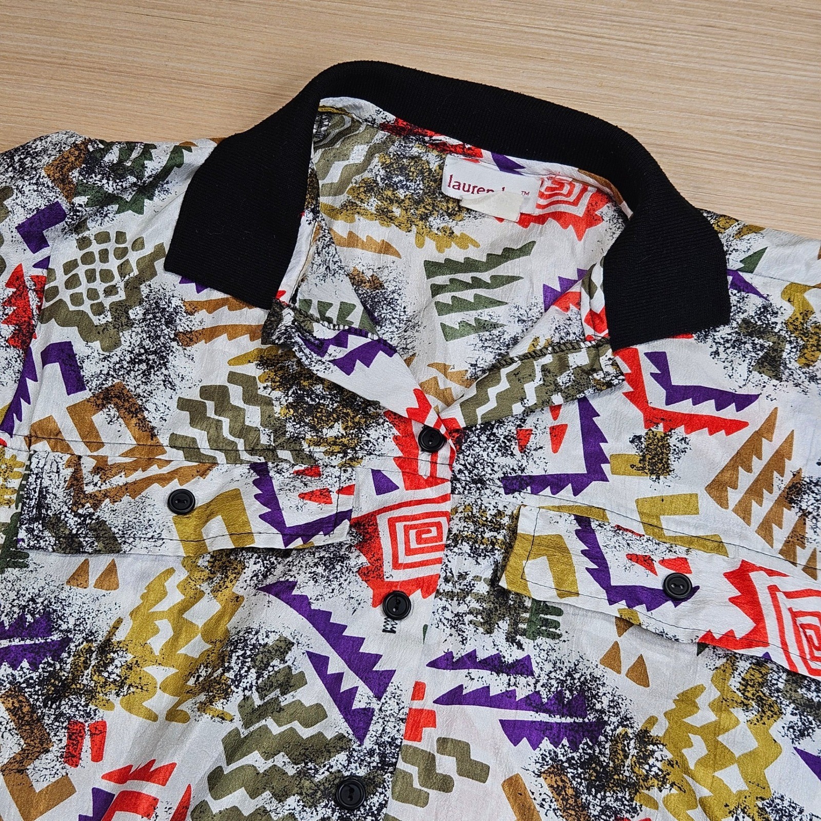 Vintage Lauren Lee Button Up Shirt Womens 12 Multicolor Geometric Short Sleeve
