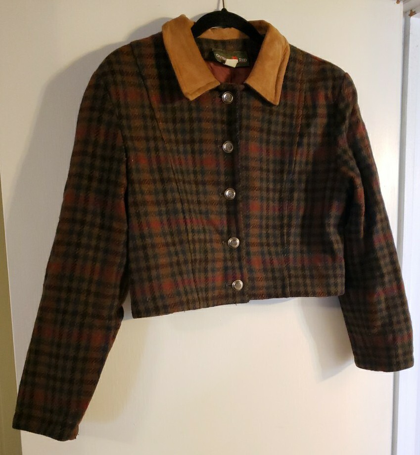 Vintage Outback Red Vintage Wool Bolero Jacket Plaid Leather Collar Ladies Size8