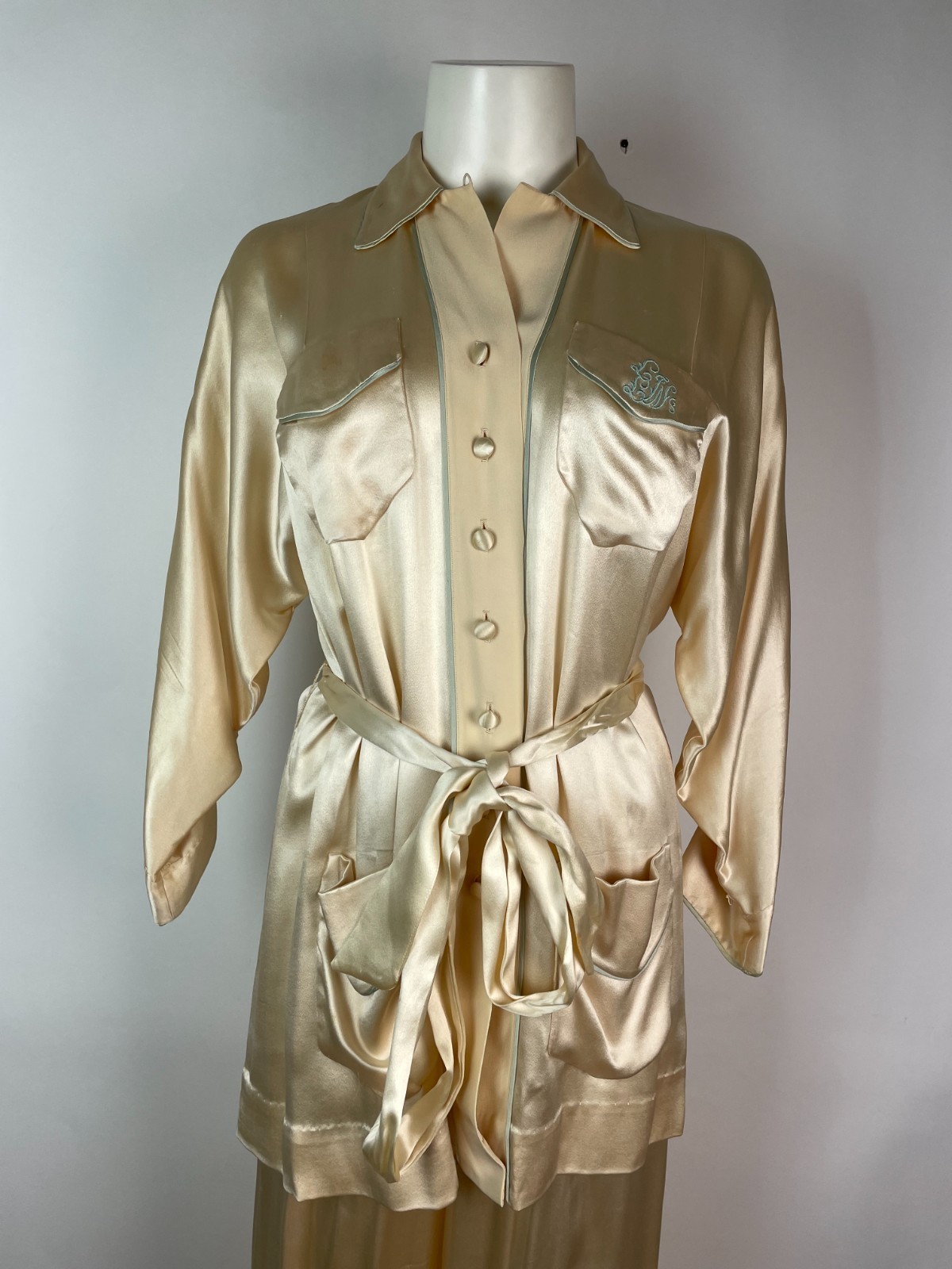 Vintage 40s 50s Satin Silk Two PC Loungewear Belted Blouse Pant Set Monogram S/M