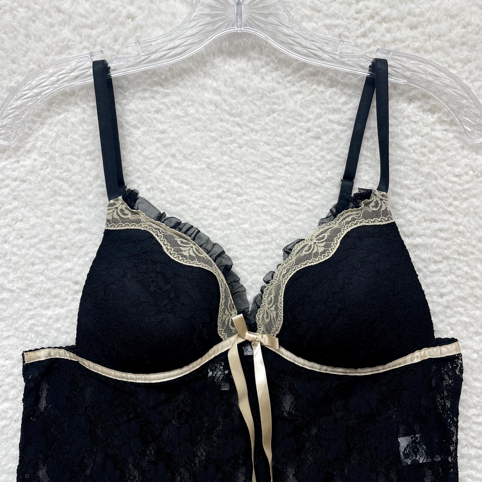 Y2K Vintage Babydoll Slip Dress Medium Black Lace Mesh Sheer Padded Cupped Sexy