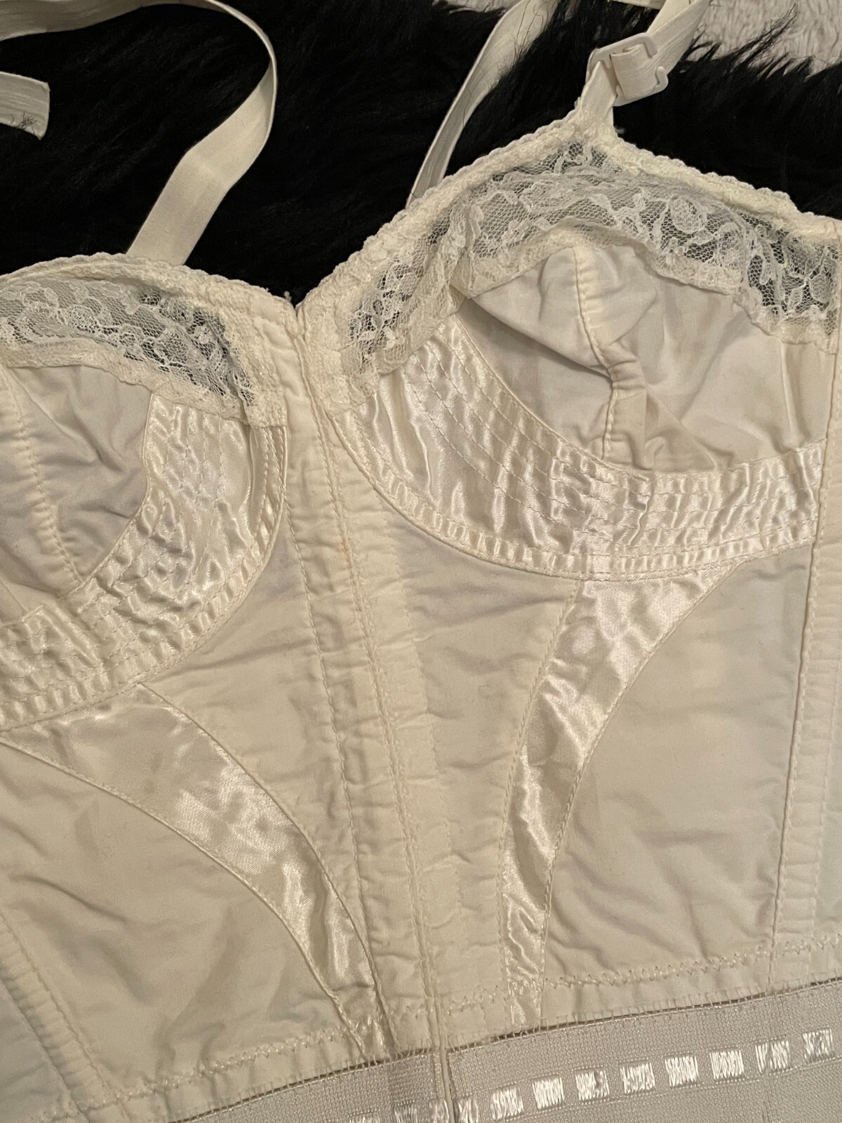 Vtg Cotton & SATIN Stitched Bustier Long Line Bra Top Floral Lace 34B Penneys