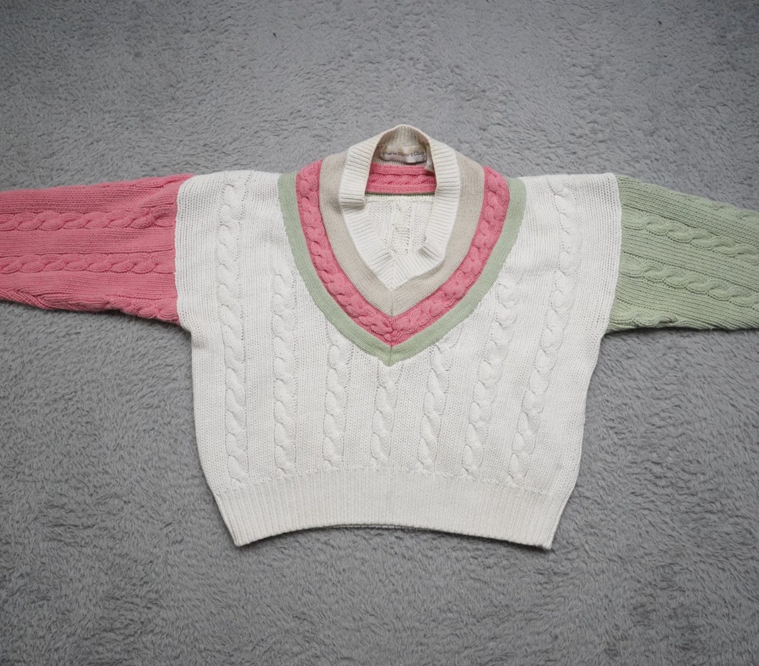 Vintage V Neck Sweater Womens M Pink Green CableKnit Preppy Tennis Raimie Cotton