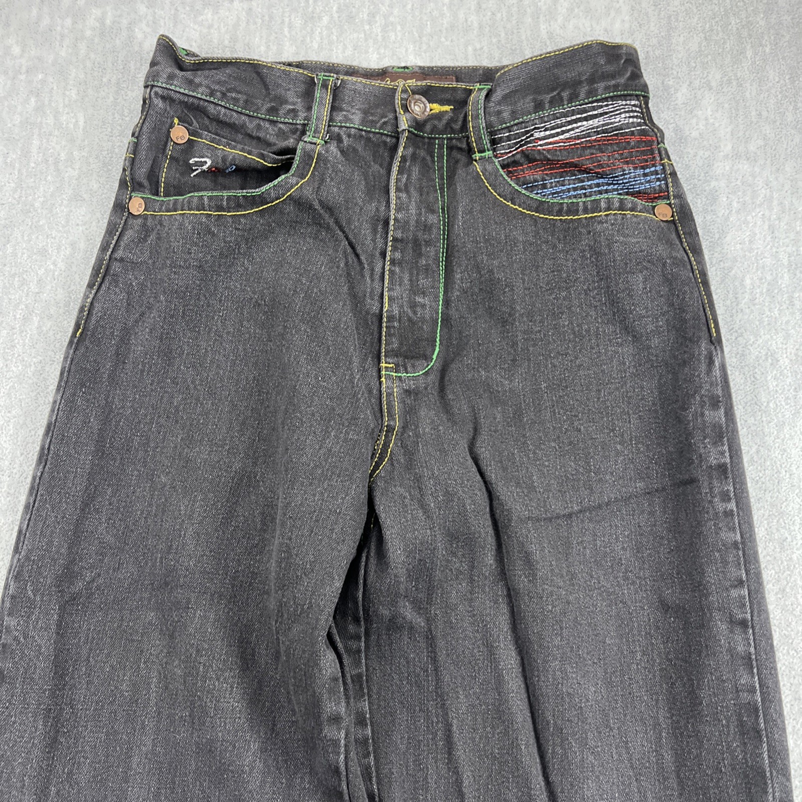 Vintage FUBU 90s Jeans Sz 16 (26×28) Distress Embroidered Pockets Baggy Skater