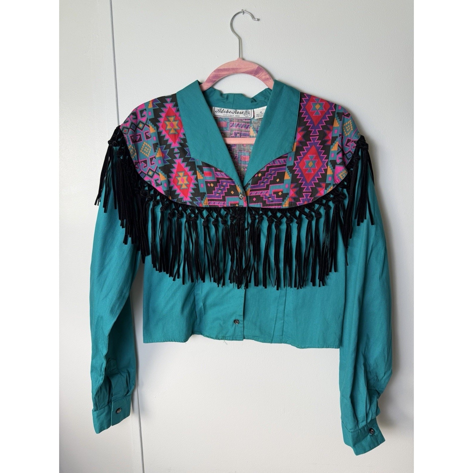 VTG Adobe 1993 Aztec Cotton Western Southwest Fringe Cropped Shirt Medium
