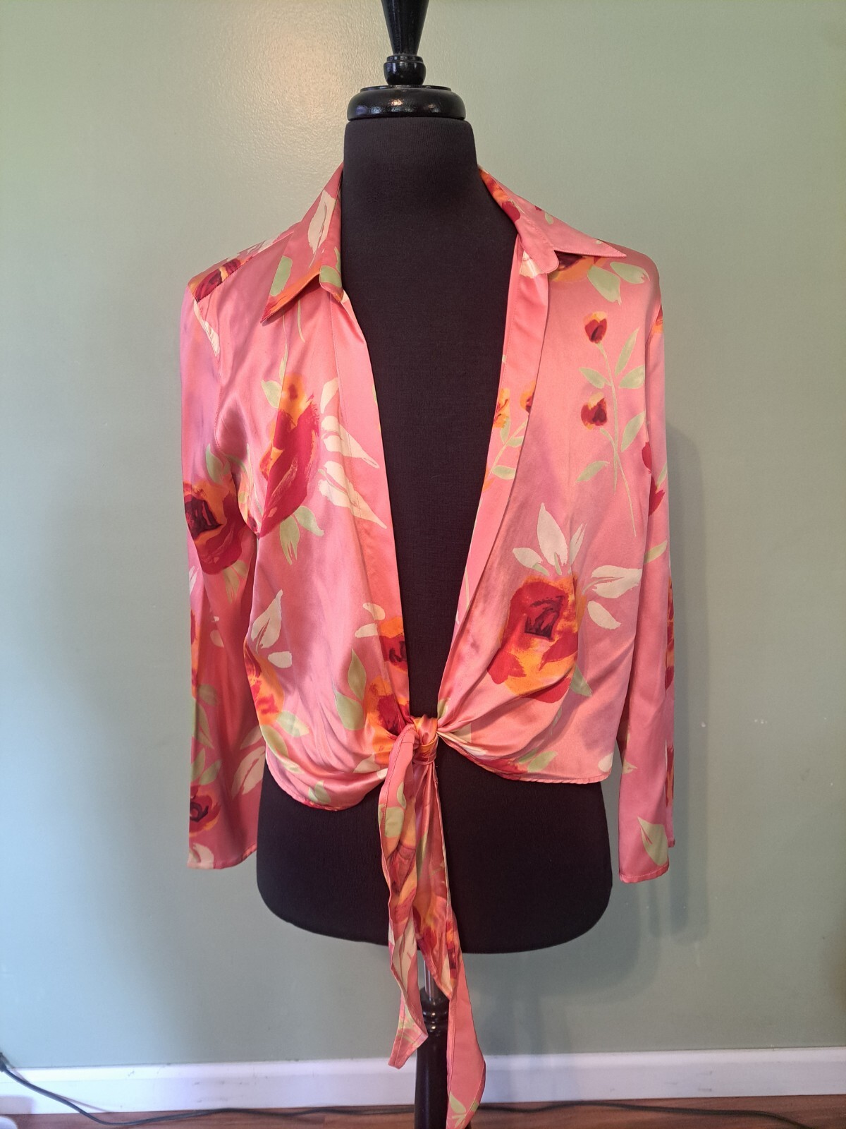 Vintage Casual Corner 100% Silk Flowered Long Sleeve Tie Waste Collared Size 14