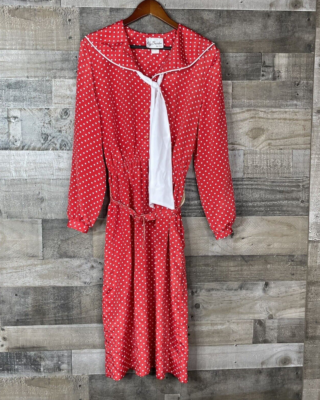 VTG Kay Brandon For h&a Dress Size 11 12 Red & White Polka Dot Long Sleeve Belt