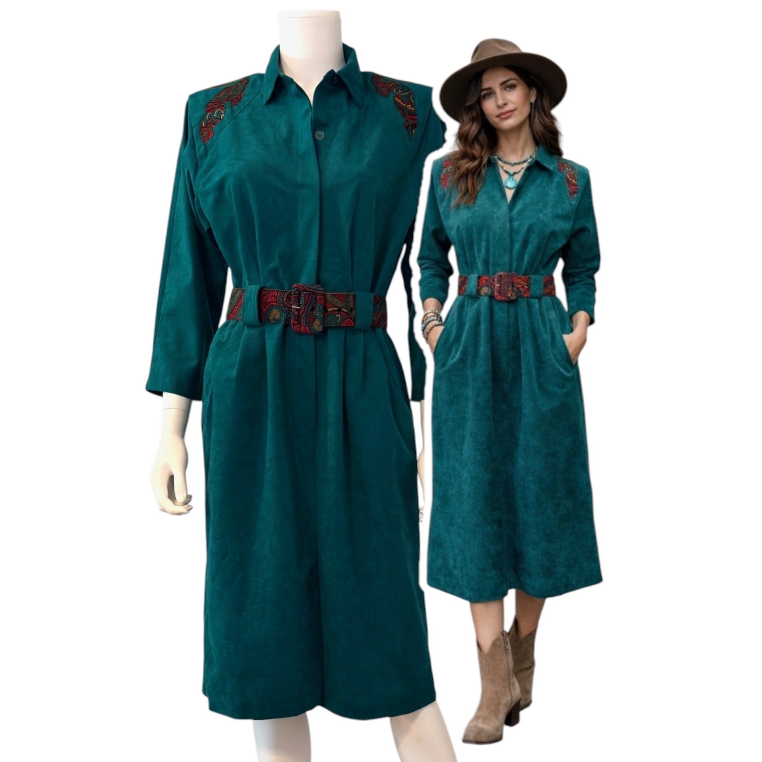 Vtg 80s Teal Shirt Dress Size 12 Midi Paisley Western Boho Belted Prairiecore