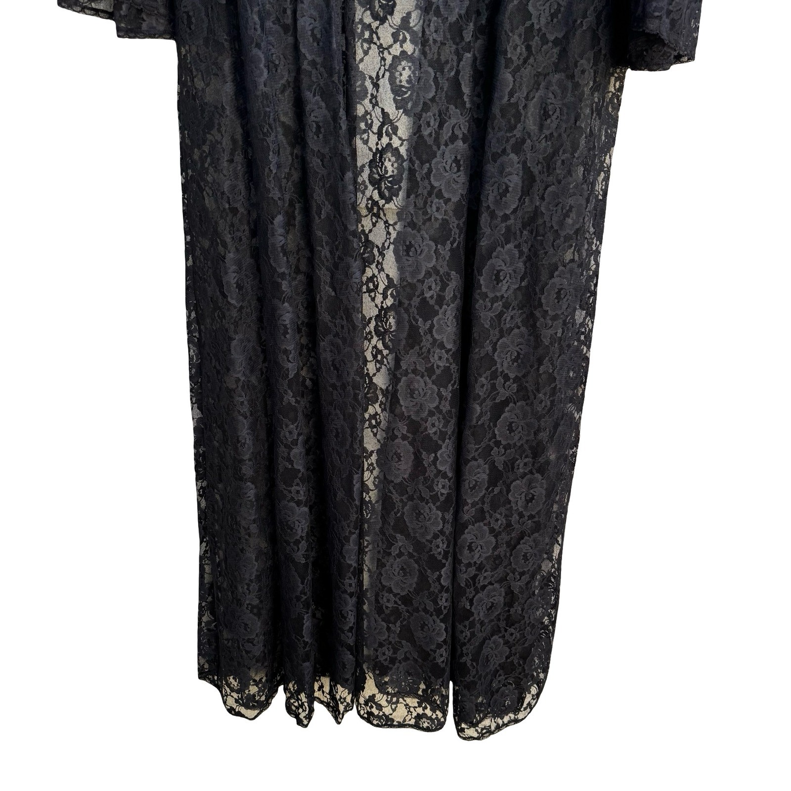 Glydons Hollywood Vintage Black Lace Maxi Duster Robe Bell Sleeve Witchy Goth Sm