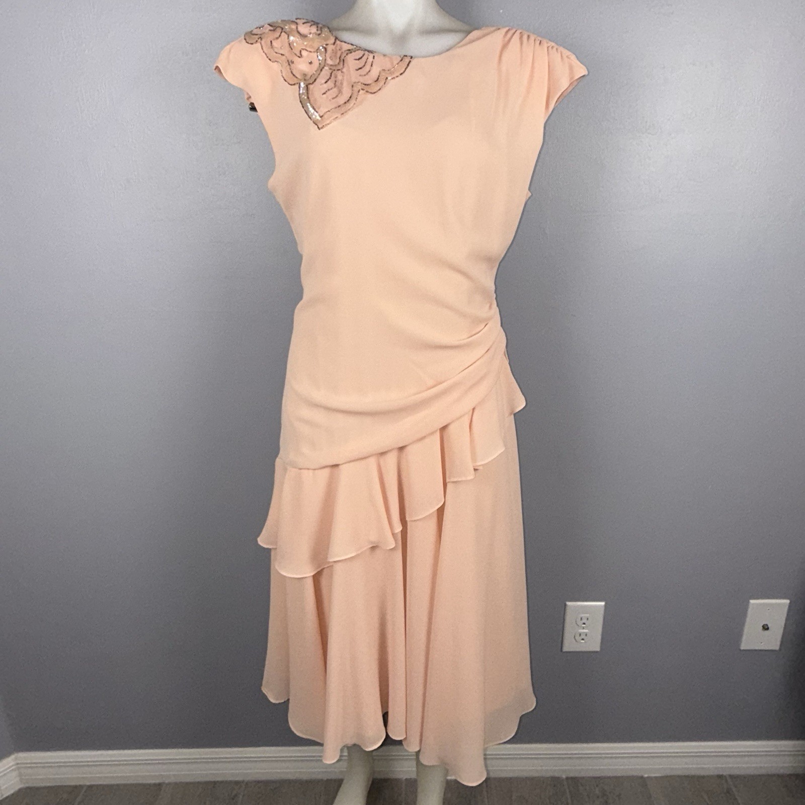Vintage Mister Jay Peach Ruffle Sequin Midi Dress Size 12 Made in USA * READ