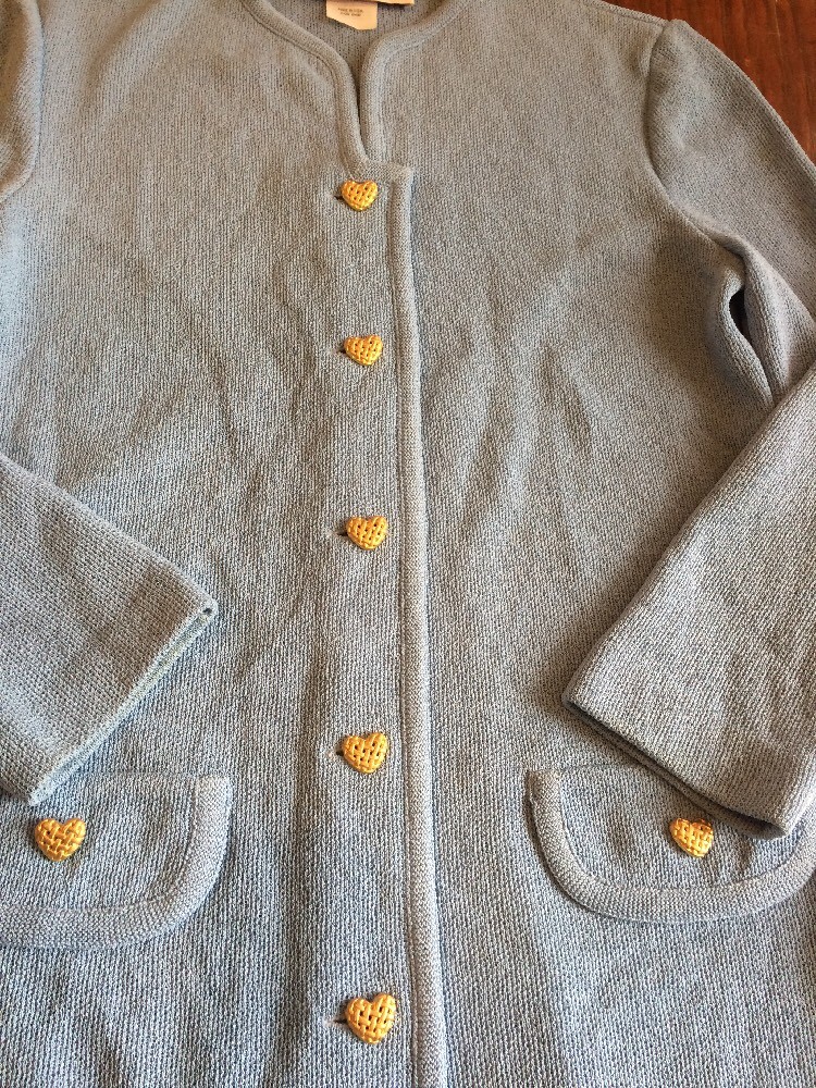 VINTAGE1970s 80s CASTLEBERRY KNIT JACKET BLAZER BLUE SIZE 8 GOLDEN HEART BUTTONS