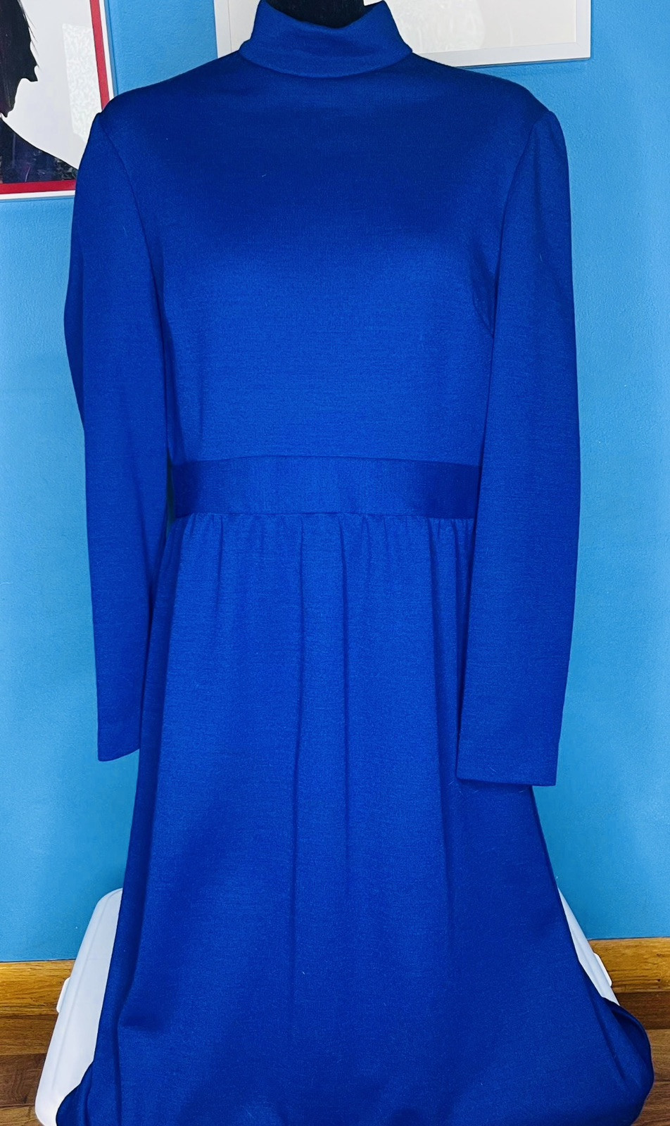 Vintage 1960’s ADELE MARTIN Original KNIT WOOL DRESS Blue, Long Sleeve, Medium