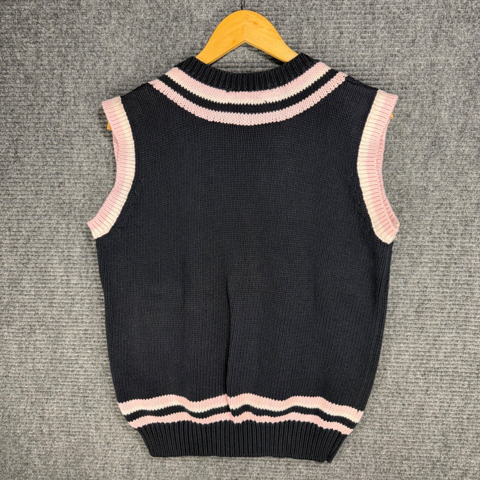 Vintage 80s Golf and Green Paris Sweater Vest Black Pink Cotton Cable Knit Large
