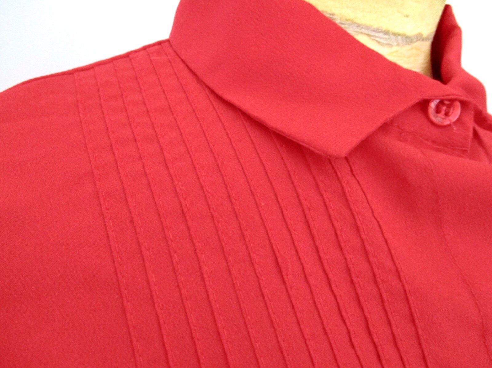 Vtg 70s 80s Red Silky Secretary Blouse Top Pin Tuck Tuxedo Pleats Puff Slvs 10