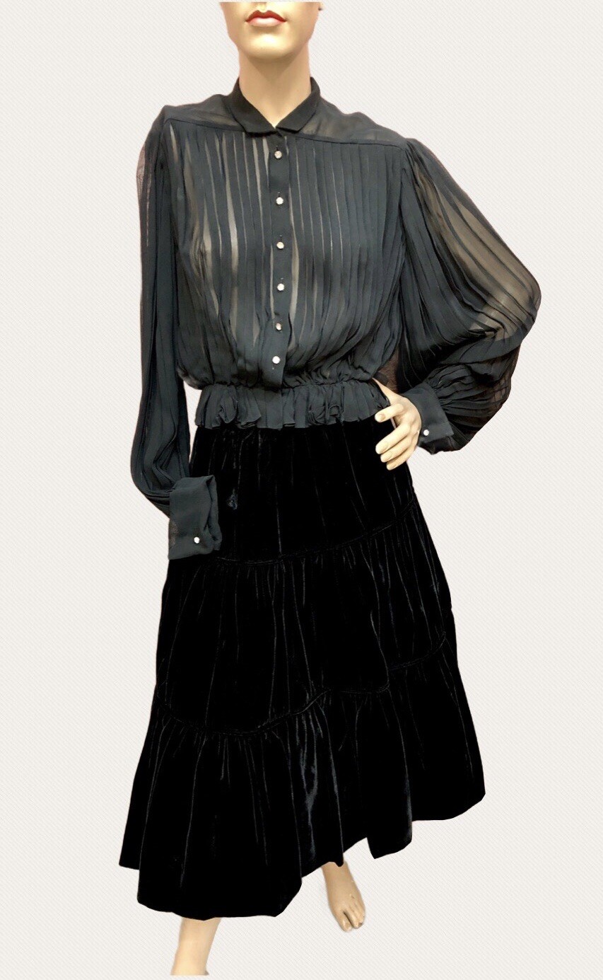 VTG 1940s „NEW LOOK” Chiffon BALLOON SLEEVE Cocktail Blouse & RAYON VELVET SKIRT