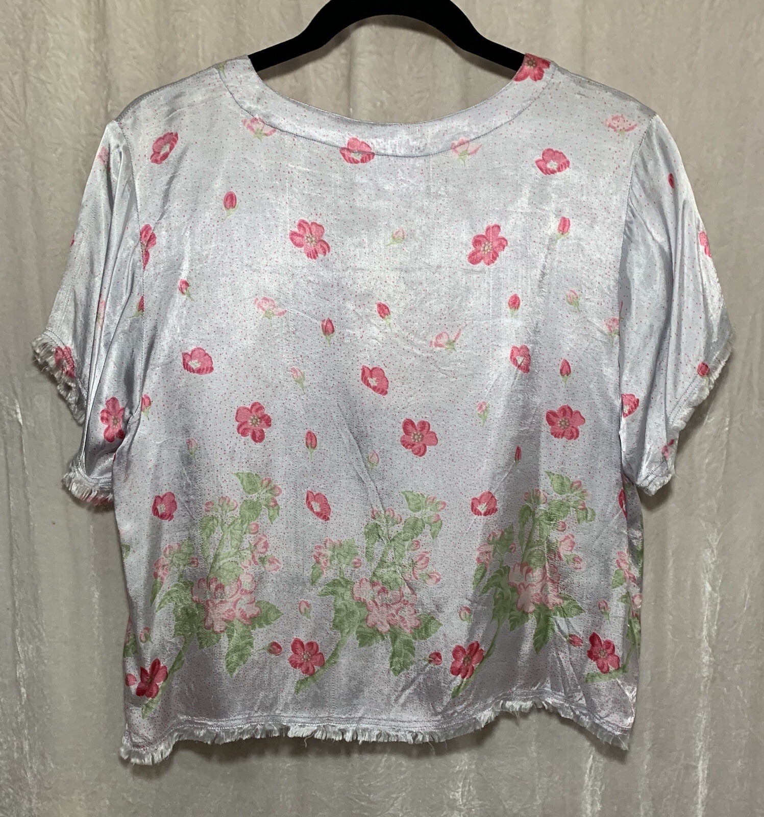 April Cornell Top And Skirt Set Blue And Pink Satin Flowers Size L NWT