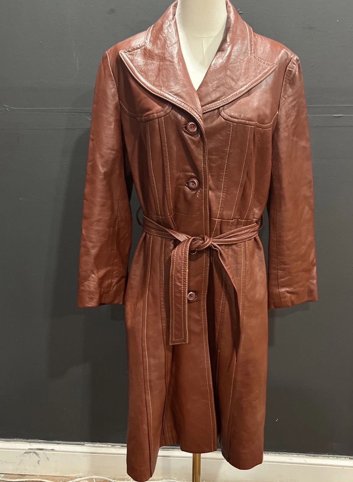 Woman’s Leather Coat Cognac Boho Mod Groovy Disco 70s Style Glam See Measurement