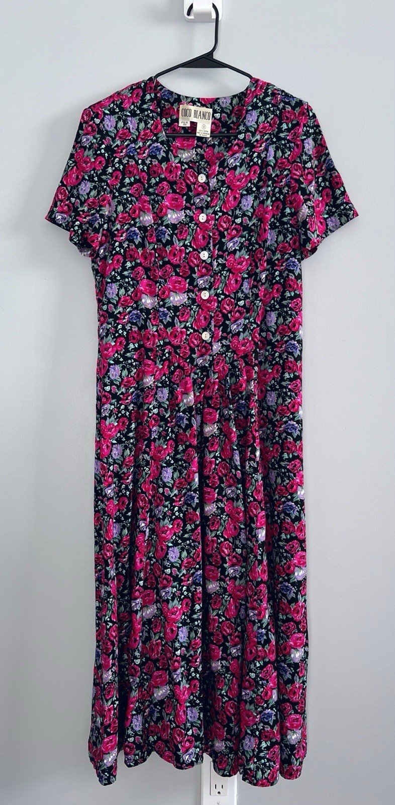 Vtg COCO BIANCO Dress 12 Floral Cottage Pleat Tie-Back Waist Short Sleeve Granny