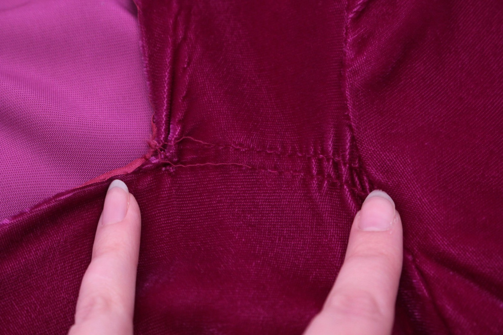 Vtg 30s Dark Fuchsia Velvet Maxi Dress W/ Ruched Bust & Sleeves Sz S 1930s