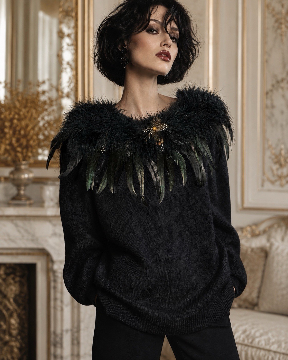 Rare 80s 90s Victoria Jones Woman Feather Sweater Maximalist Gothic Glam XL