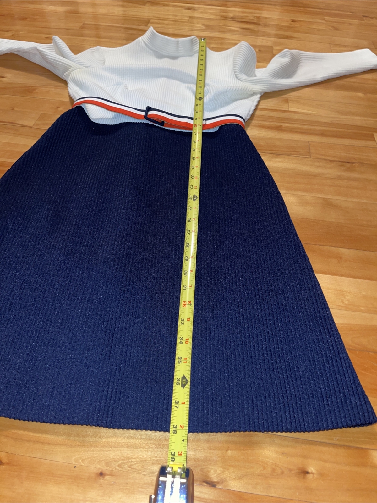 Vintage 60s Bleeker Street Mod Go Go Belted Colorblock Dress S/M USA Ivory Navy