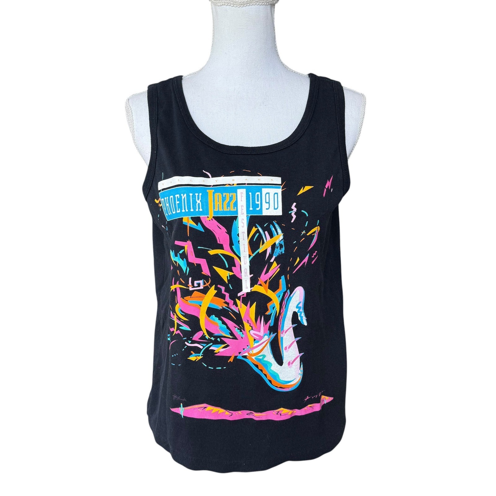 Vintage 1990 Phoenix Jazz Festival Tank Top Hazelwood Premo Black Neon Medium