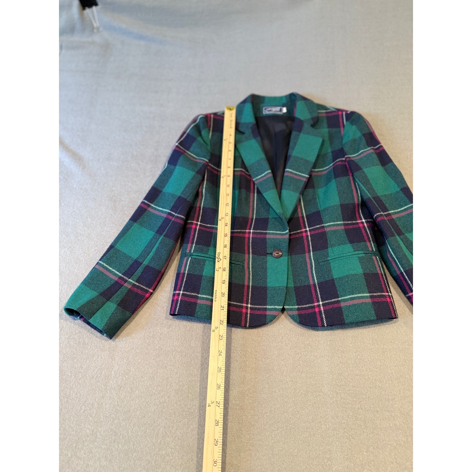 Vintage 80s Plaid Wool Blend Blazer – Teal Green Navy Pink – Petite Size 10