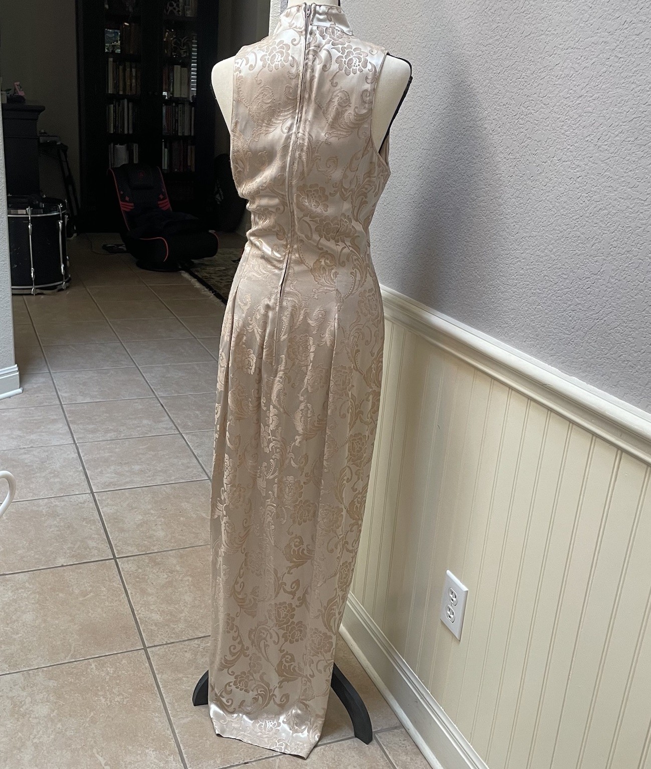 VTG 80s Niki Originals Brocade Cheongsam Maxi Gown Dress Gold Beige 14 Coquette
