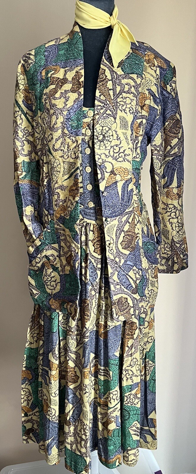Vintage 80s Chacok Yellow Purple Green Print Drop Waist Dress & Jacket Sz Small