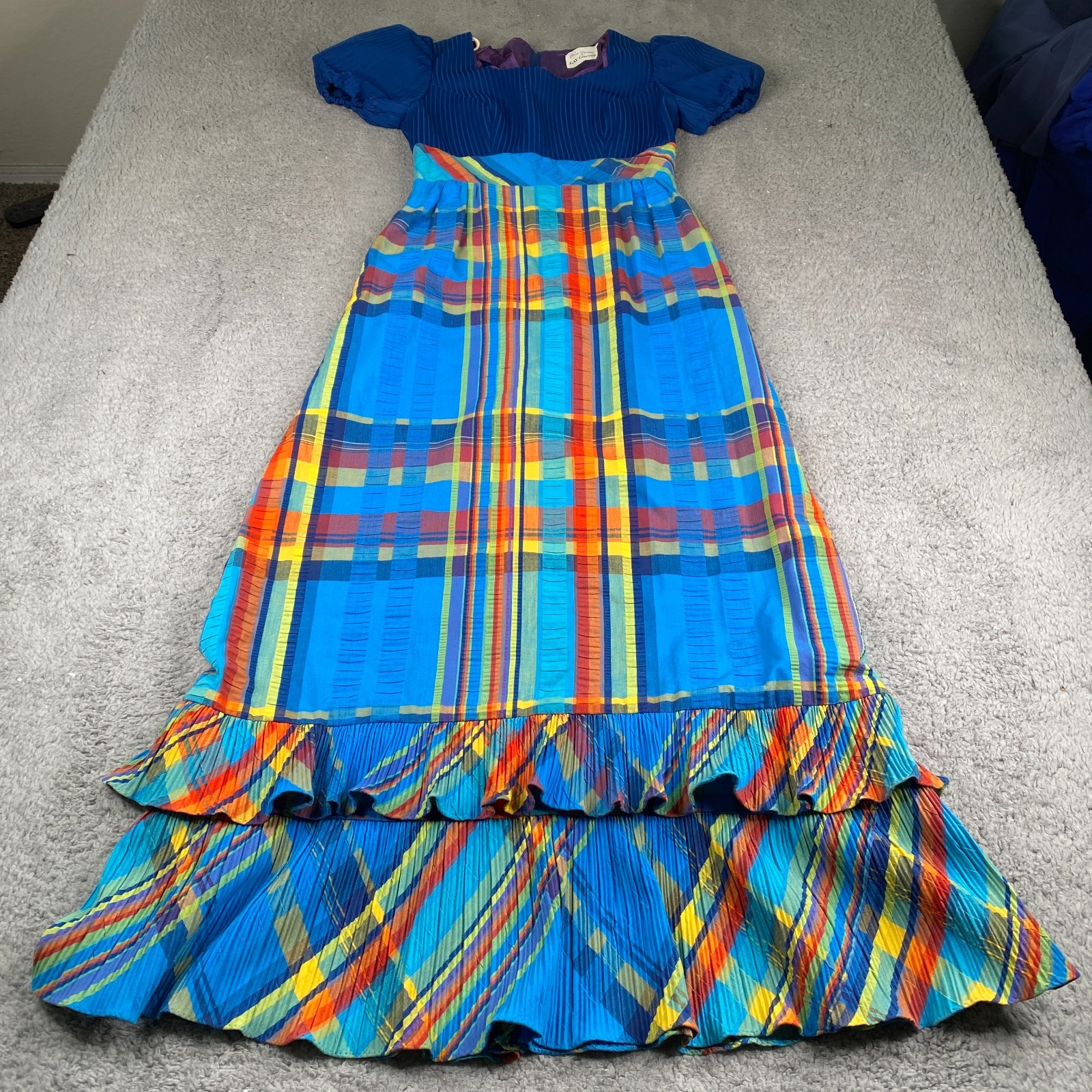 Vintage Ruth Norman Maxi Dress Womens Small Blue Plaid Short Sleeve Poly