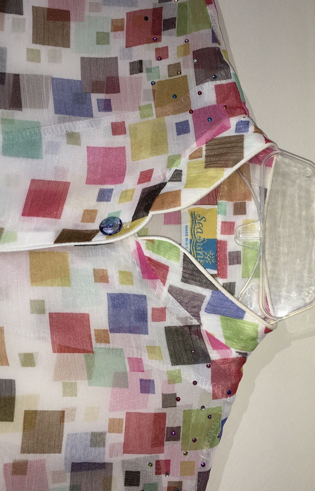 Vtg. Sheer SEA SUNS Mandarin Collar BLOUSE Tiny Multi Color Studs & Buttons RARE