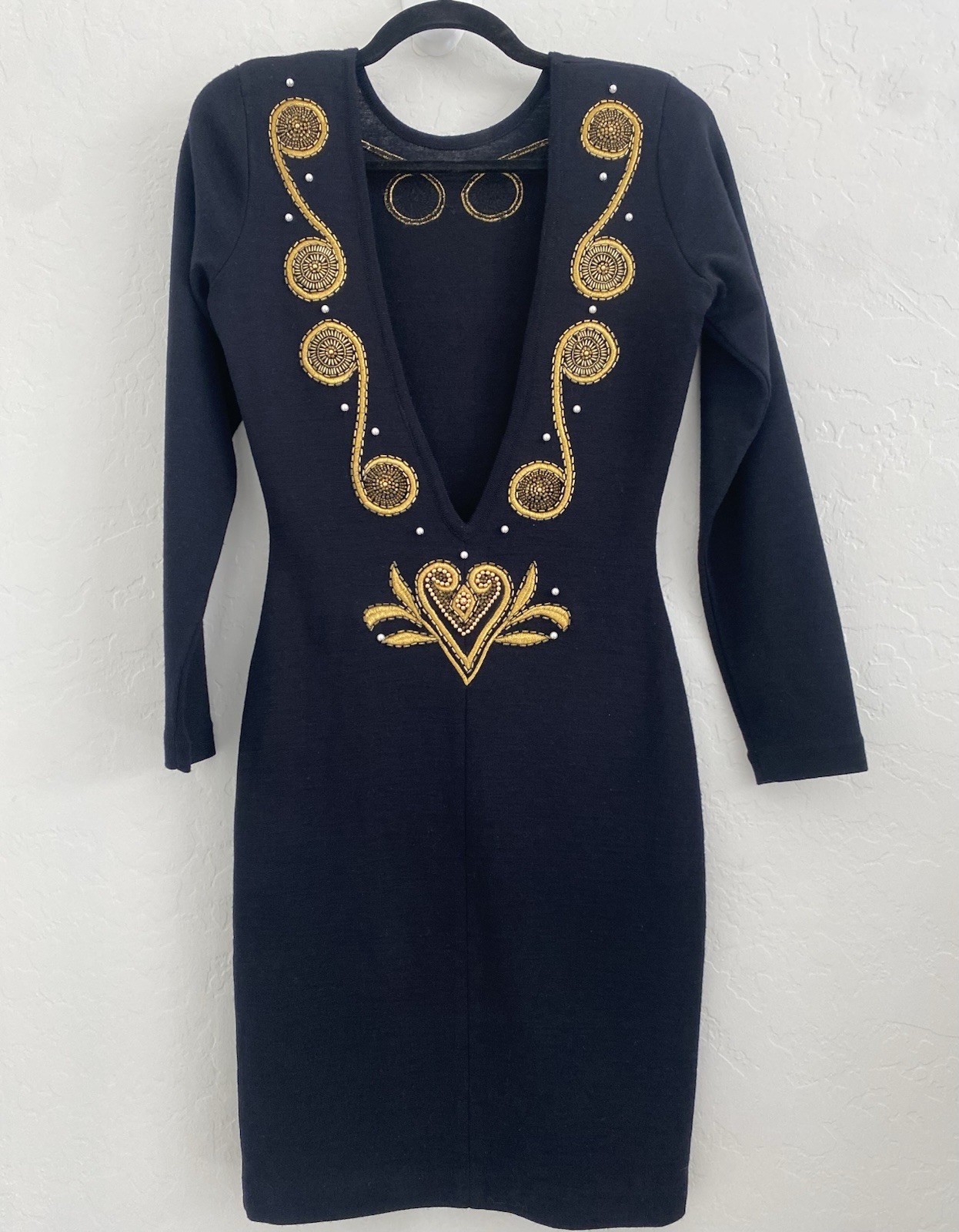 Fusion vintage 80s dress women Sz P black/Gold embroidery Knit Evening Night Out