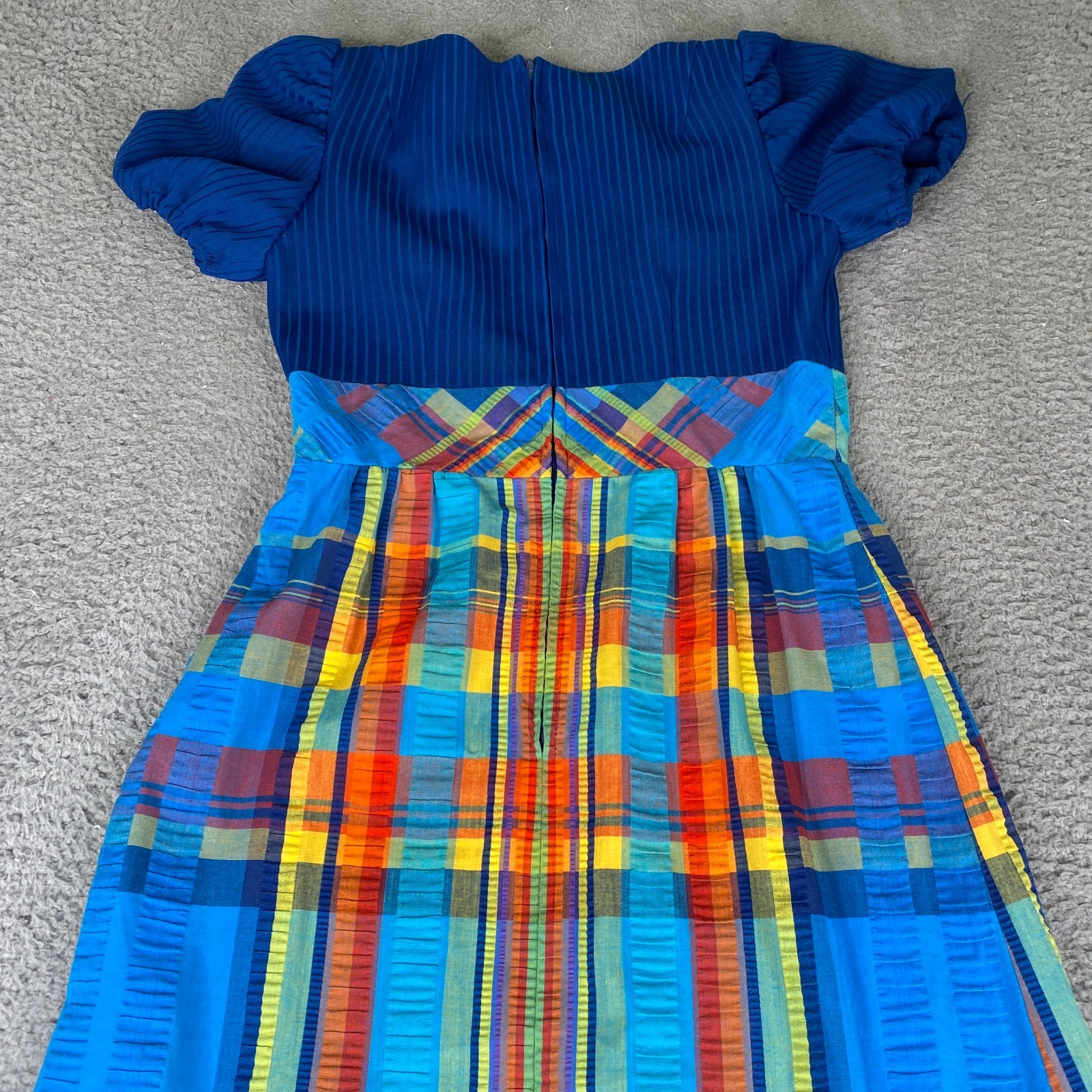 Vintage Ruth Norman Maxi Dress Womens Small Blue Plaid Short Sleeve Poly